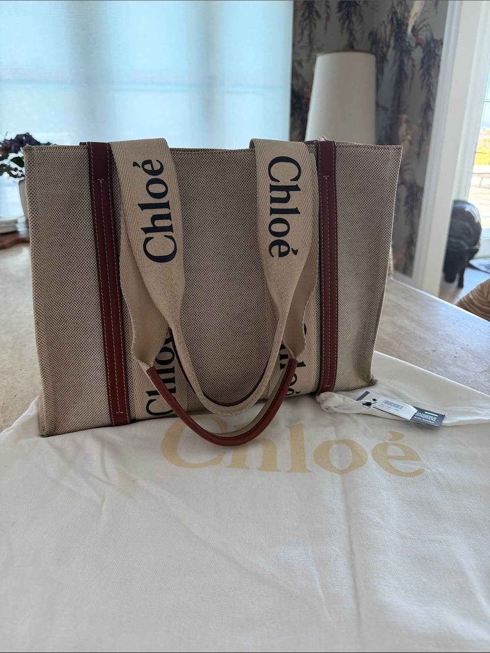 Chloe Woody Medium Canvas Tote in White/Brown